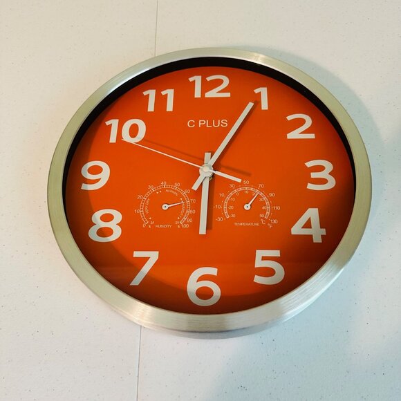 Orange Wall Clock With Temperature & Humidity Non Ticking Silent Battery Operate - Picture 1 of 11